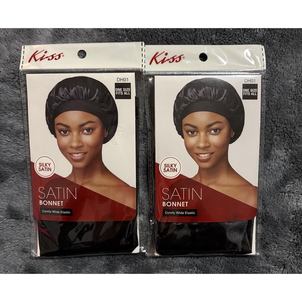 KISS Silky Satin Bonnet Black Comfy Wide Elastic One Size Fits All – Lot of 2
